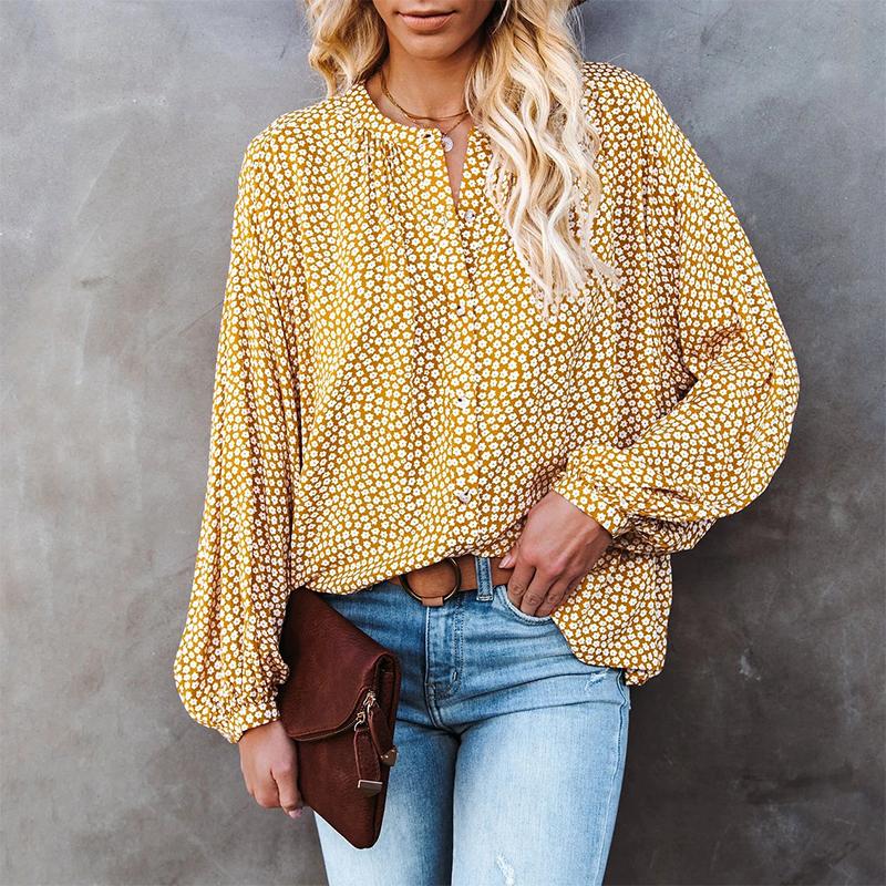 

Women' Blouses & Shirts Summer Printed Floral Long Sleeve Women Shirt Casual Loose Single-Breasted V-neck Tops Streetwear Ladies, Orange