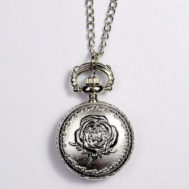 

Pocket Watches Luxury Sliver Dial Quartz Watch For Men Women Crown Rose Flower Engraved Case Fob Chain Pendant Necklace Clock Gift, 03