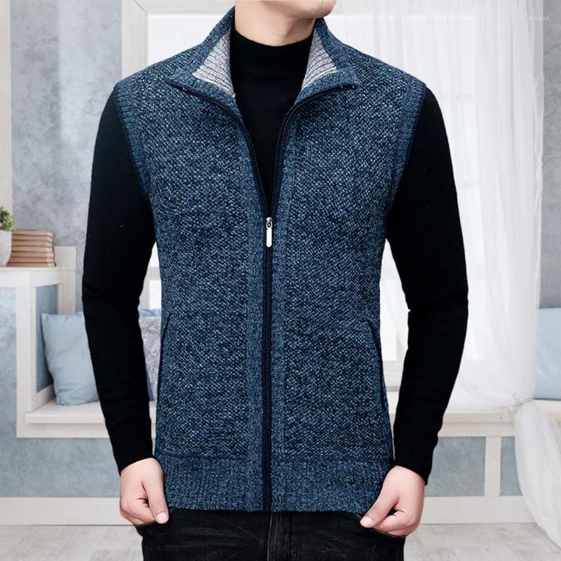 

Men's Vests Trendy Sweater Waistcoat Smooth Zipper Cold Resistant Slim Fit Male Pockets Fleece Lining Solid Color Cardigan Outerwear, Blue