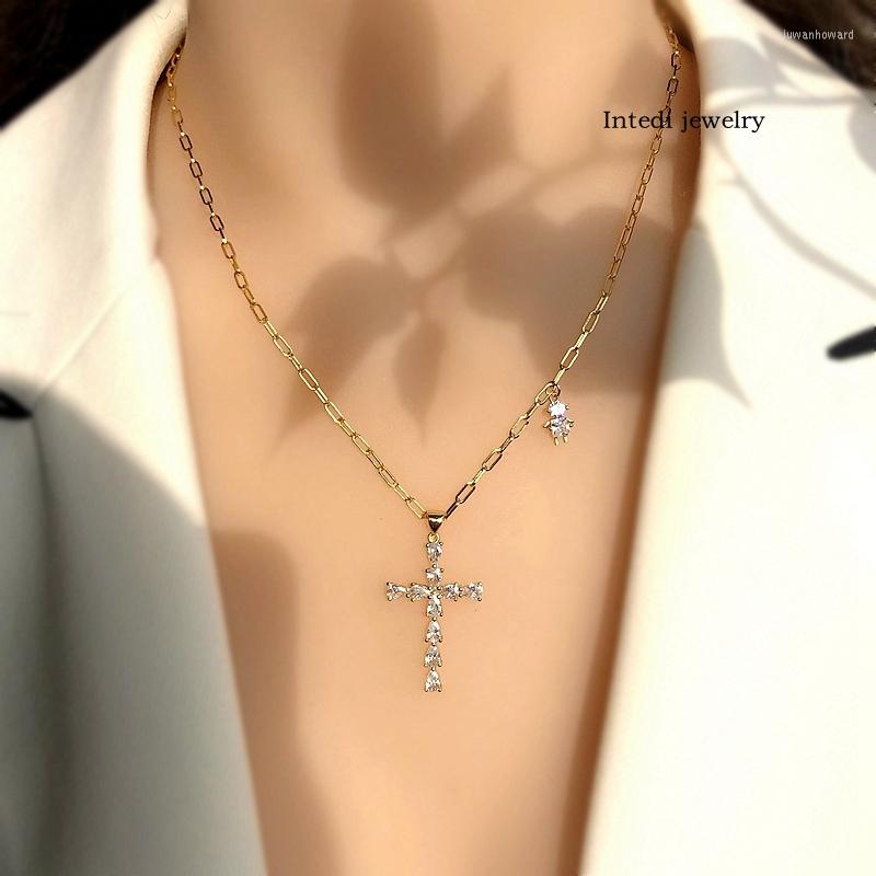

Pendant Necklaces Fashion Cross Necklace Shiny White Cubic Zirconia Gold Color Chain Christian Women CZ Charm Jewelry Gifts