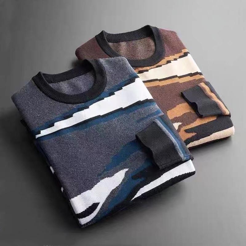 

Men's Sweaters High End European Fashion Color Matching Sweater Round Neck Knitted Autumn And Winter Thermal Pullover, Brown