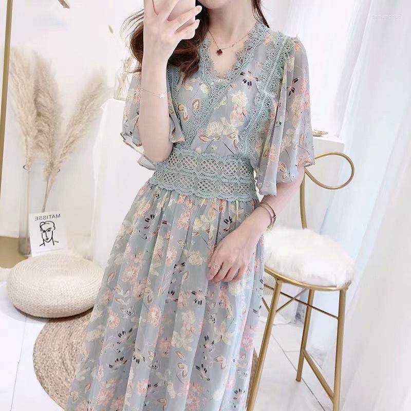 

Casual Dresses HStar 2022 Lady Long Sleeve Floral Dress Women Elegant Lace Print V-neck Female High Waist French Retro Vestido, Long sleeve blue