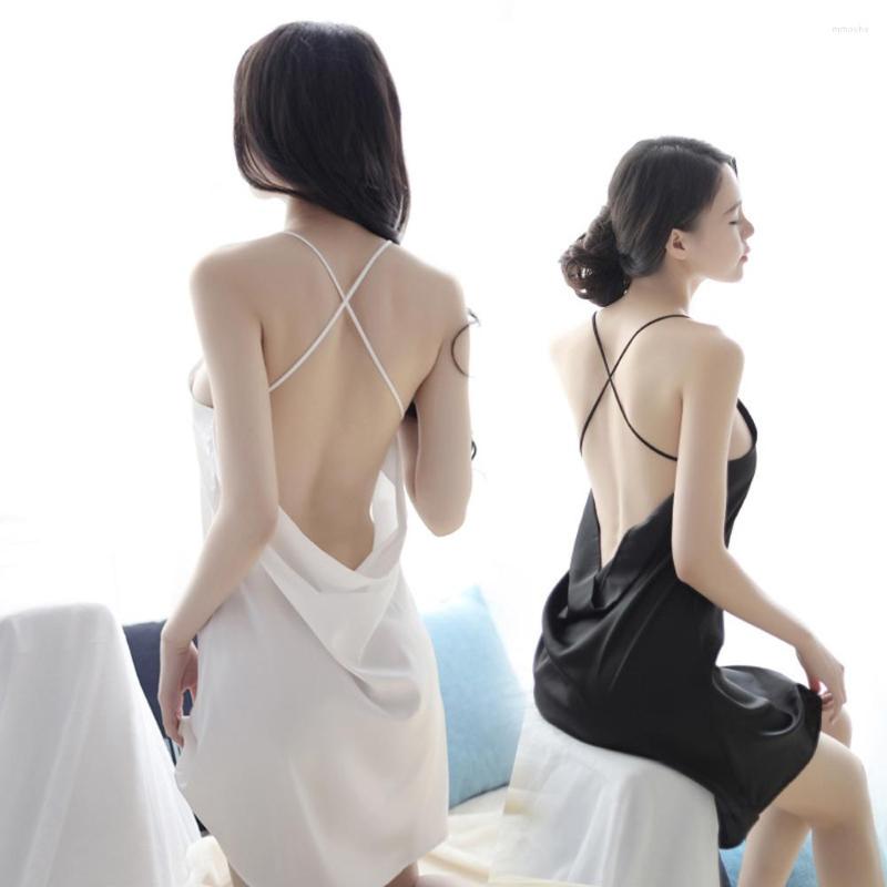 

Women's Sleepwear Women Lace Strap Nightdress Ultra-thin Round Neck Black White Lady Sexy Home Leaky Back Pajamas G-string Briefs Underwear