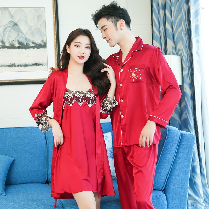 

Women's Sleepwear Spring Autunm Couple Robe Suit Women Silk Satin Bathrobe Two Piece Set Male Loose Casual Homewear, Women navy blue