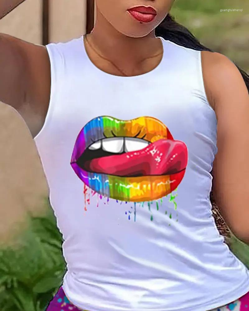 

Women' Tracksuits Women Summer Lip Print Tank Top & Ink Splash Drawstring Shorts Set Female Lady Casual Two Pieces Suits 2022 Fashion