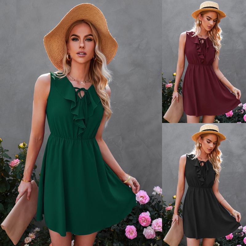 

Casual Dresses Summer V-Neck Sleeveless Ruffle Dress Short Skirt Woman WomenCasual, Black