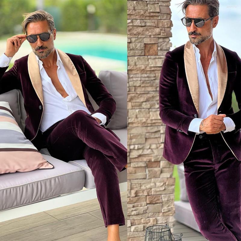 

Men's Suits Velvet Men Suit 2 Pieces Business Blazer Pants One Button Satin Notch Lapel Fashion Wedding Groom Work Wear Causal Tailored, Khaki