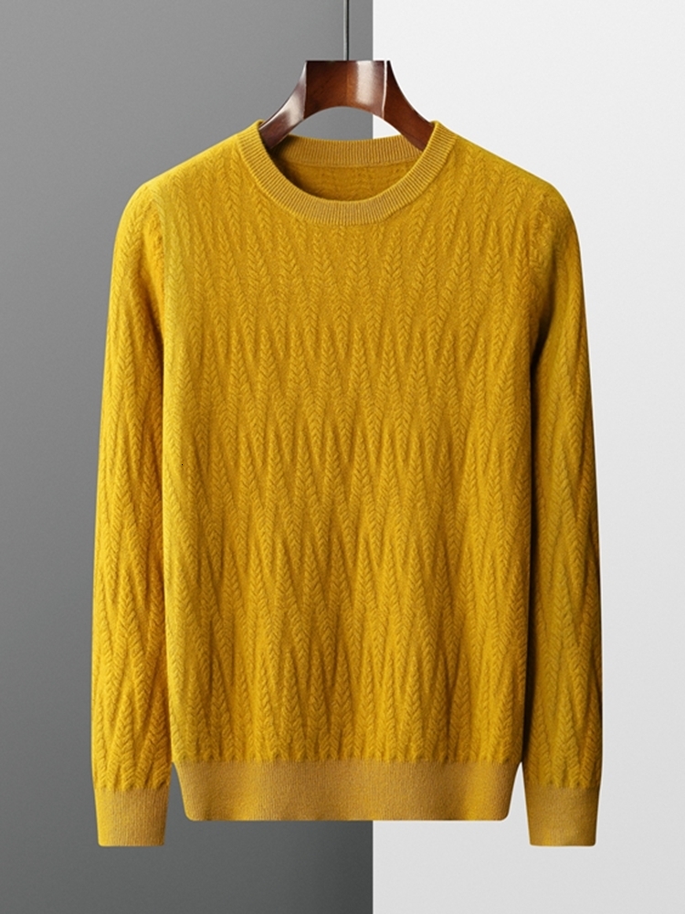 

Men's Sweaters MVLYFLRT Autumn Men Round Neck Twisted Flower Thickened Long Sleeved Knitted Pullover Solid Color 100 Merino Wool Sweater 221207, Yellow