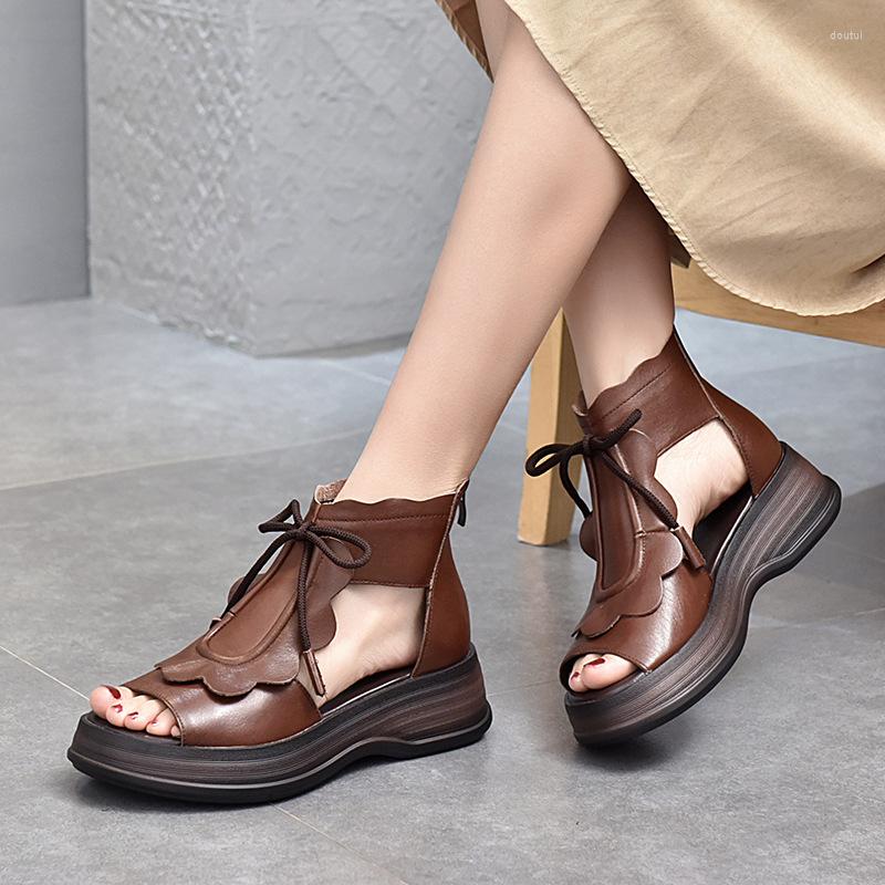 

Dress Shoes 2022 Spring And Summer Retro Leather Sandals Women's Platform With Comfortable Thick-soled Roman Fish Mouth Hollow, Black