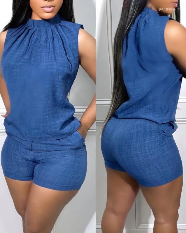 

Women' Tracksuits Ruched Sleeveless Tank Top & Pocket Design Shorts Set Summer Fashion Two Piece Sets Female Suit 2022 Outfits