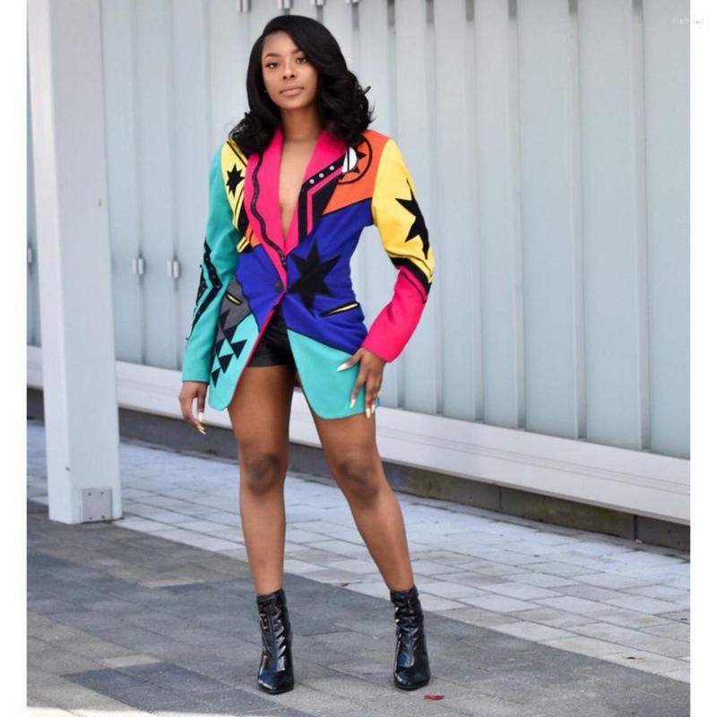 

Women' Suits Fall Spring Patchwork Color Blazer Top Women Long Sleeve Turn Down Collar Single Button Coat Fashon Printed Clothes Outerwear