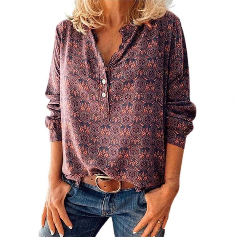 

Women's Blouses & Shirts Casual Women Shirt Vintage Print V Neck Spring Autumn Loose-fitting Elegant Blouse For Daily Wear Top Purple Xxxl