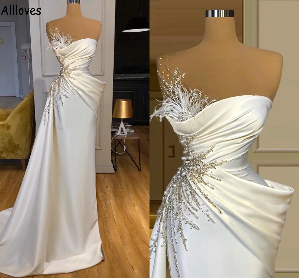 

Gorgeous Pearls Furs Crystal Mermaid Wedding Dresses Elegant Satin Ruched One Shoulder Peplum Vestidos De Novia Dubai Saudi Arabia Bridal Gowns Modern CL1576, Silver