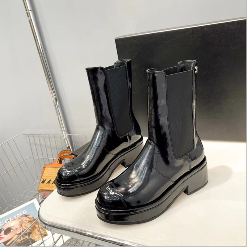 

2022 New Dress Shoes The Row Front Zipper Short Boots Thick Bottom Leather Round Head Elevated Chelsea Martin Boots Women Size 35-40, Black