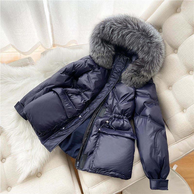 

Women' Down Winter White Duck Jacket Women Short Bright Korean Hooded Silver Big Fur Collar Warm Coat Coats, Black