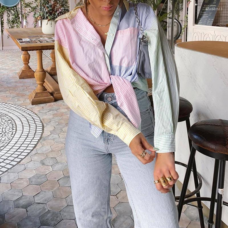 

Women' T Shirts Women Long Sleeves Fashion Casual Chic Summer Buttons Tops 2022 Striped Patchwork Lady Loose Multicolor Boyfriend Style, Picture shown