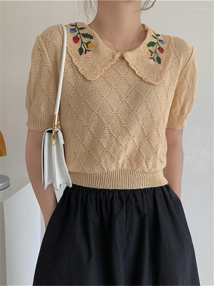 

Women's T Shirts Summer Knitted Embrodiery Women's T-Shirts 2022 Short Sleeve Elegant Korean Style Knitwear Tops Female, White