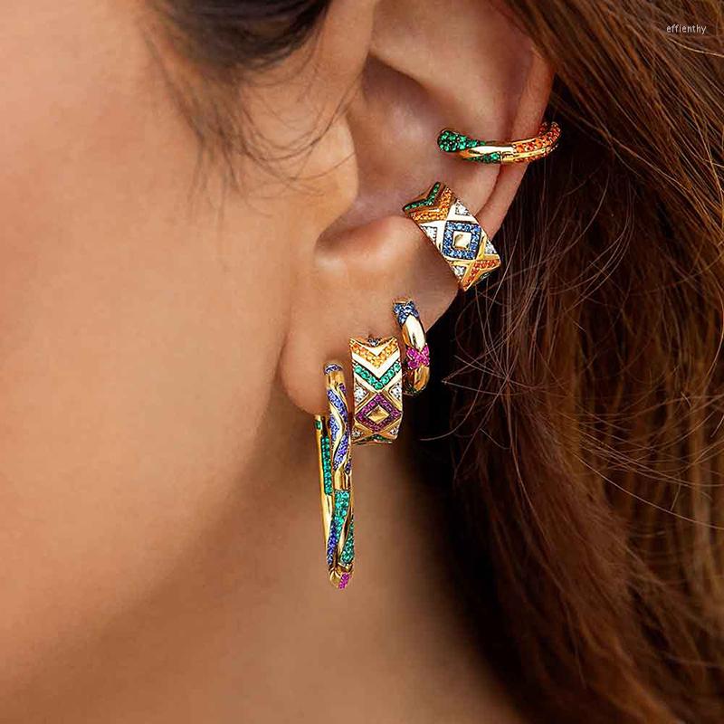 

Backs Earrings SRCOI Ethnic Colored Rhinestone Striped Ear Clips Without Holes Crystal Geometric Huggie Hoop Female Unique Jewelry