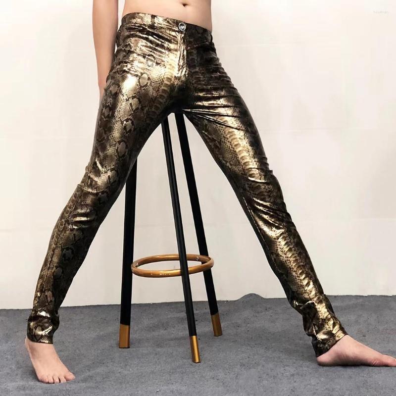 

Men's Pants Gold Silver Snake Pattern Shinny Leather Sexy Nightclub Streetwear Tight Stretch Trouser Men Costumes Anti-bright PU Pant