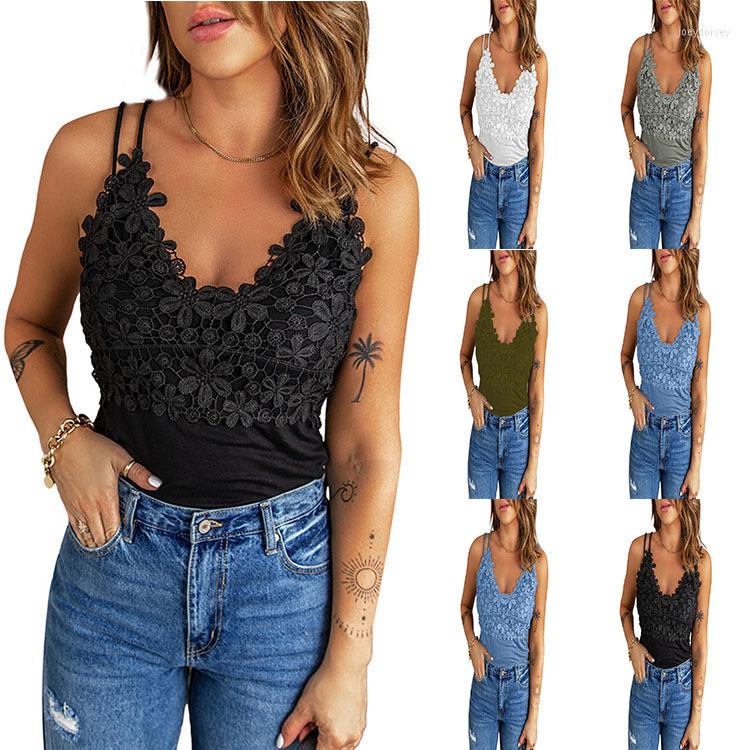 

Women' Tanks 2022 Summer Hollow Out Lace Tank Tops Women Flower V-neck Shirts Sleeveless Sweet Sexy Top