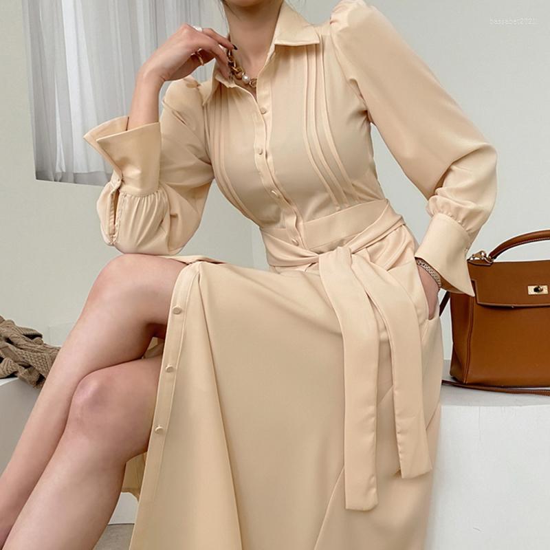 

Casual Dresses Spring Black Slim Dress Women Elegant High Waist Puff Sleeve A-Line Office Lady Evening Party OL Simple, Picture color