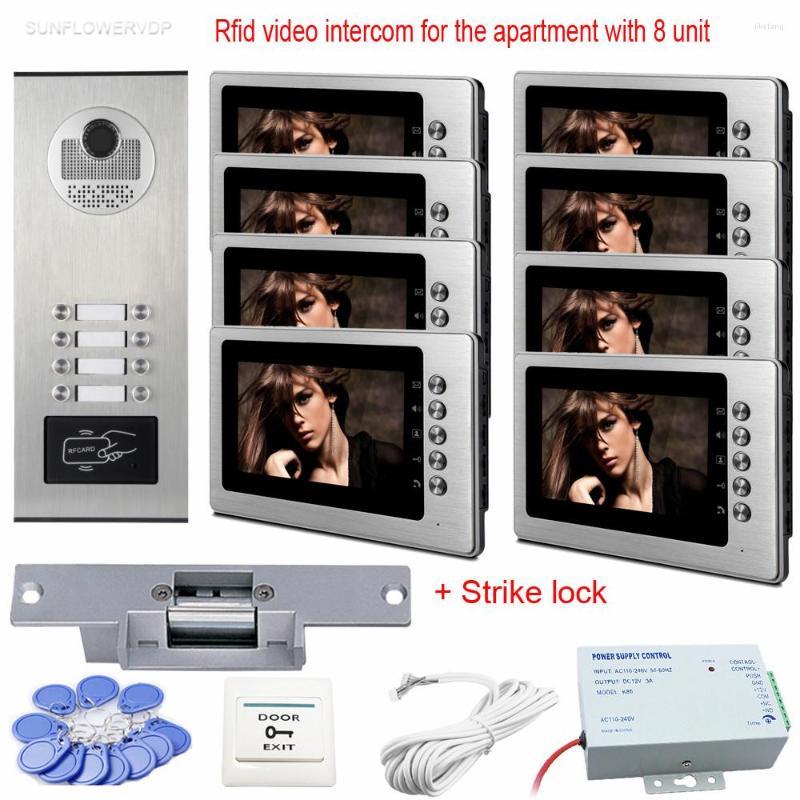 

Video Door Phones Rfid Call On The Of Apartment 8 Units Wired Home Intercom 7" Color White Monitors With Lock