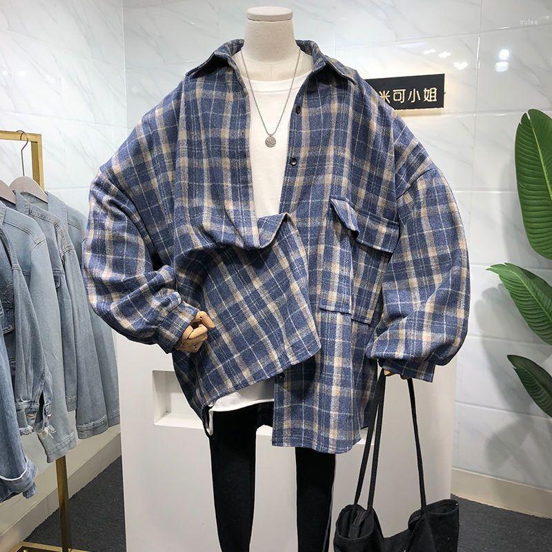 

Women's Blouses Vintage Women Plaid Shirts Loose Oversize Long Sleeve Button Up Fall Shirt Casual Pocket Female Tops Korean Black 2022