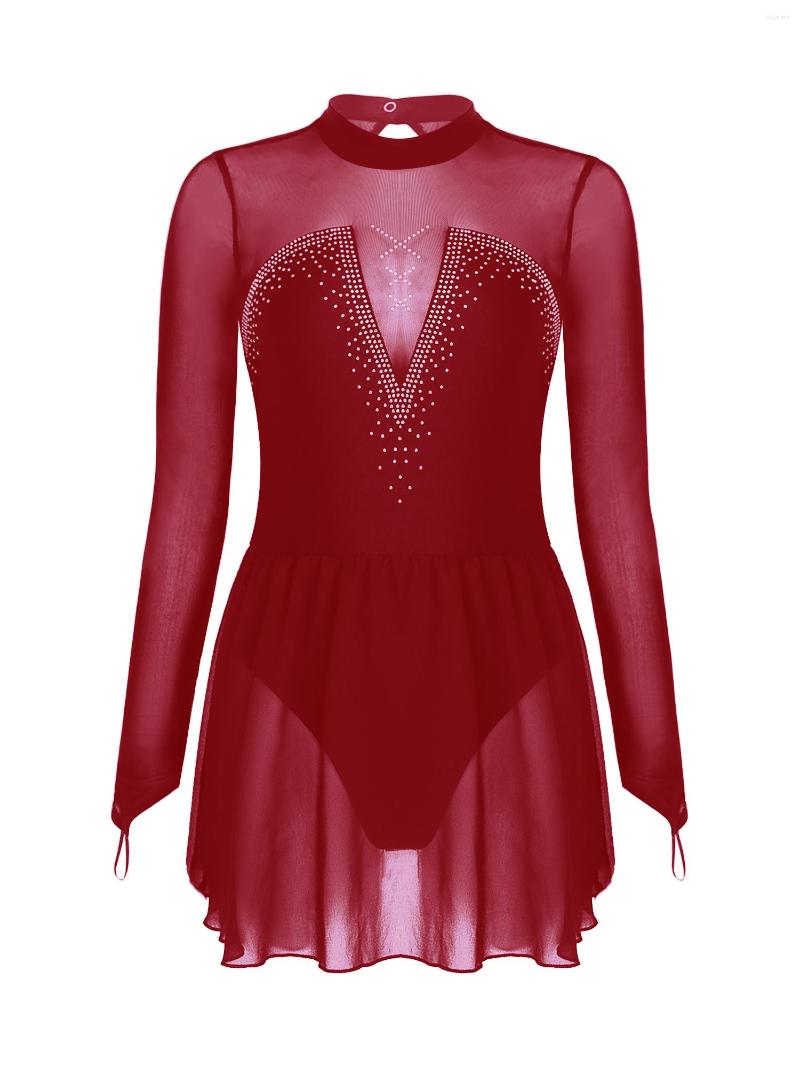 

Stage Wear Ballet Leotards For Women Sheer Mesh Gymnastic Figure Ice Skating Dance Dress Long Sleeve Sparkly Keyhole Back Dresses, Black