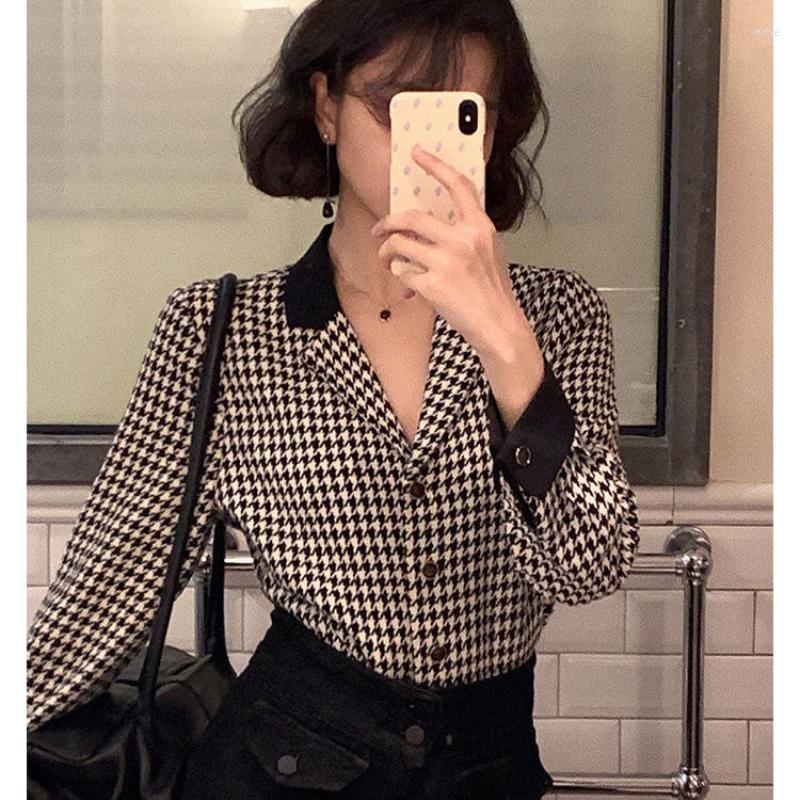 

Women' Blouses Houndstooth Shirt Women Blouse Long Sleeve Fashion Chiffon Casual Loose Outerwear Tops Ladies Buttons Clothes G312, Black