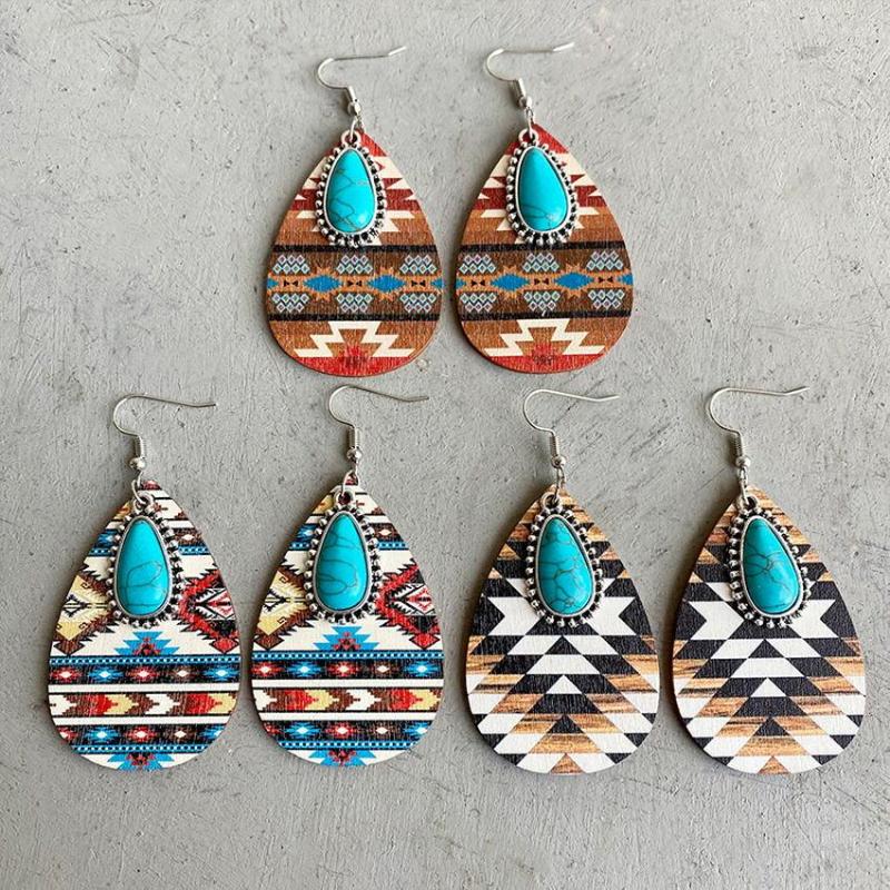 

Dangle Earrings Aztec Pattern Wood Turquoise Teardrop For Women 2022 Western Inspired Boho Jewelry Wholesale