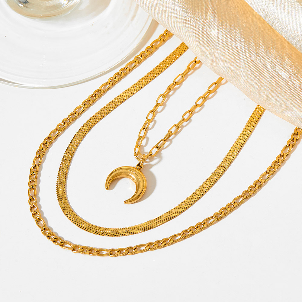 

Moon Pendant Three Layers Snake Chain Necklace Stainless Steel Sweater Chain
