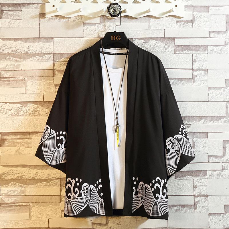 

Men' Casual Shirts 2022 Summer Cardigan Sunscreen Clothing Chinese Style Printed Tang Suit Dao Pao Thin Hanfu Ancient Japanese Kimono, Black