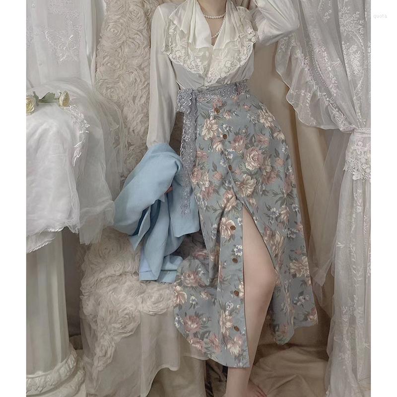 

Skirts Limiguyue Boho Sexy Floral Skirt Summer Vintage Long With Slit Gentle Chic Female Elegant Flower Print Wrap Jupe K1189, Picture shown