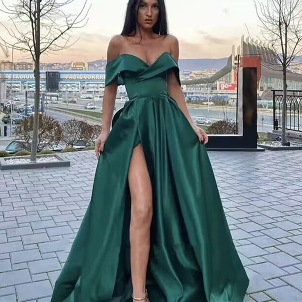

Elegant Prom Dresses Off the Shoulder Emerald Green Satin Long with Leg Slit V-neck Floor Length Arabic Evening Gowns, Yellow