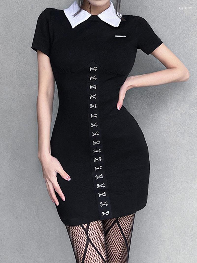 

Party Dresses American Style Sexy Women Spring Summer Solid Patchwork Turn-down Collar Bag Hip Metal Button Mini Dress Female Vestidos, Black