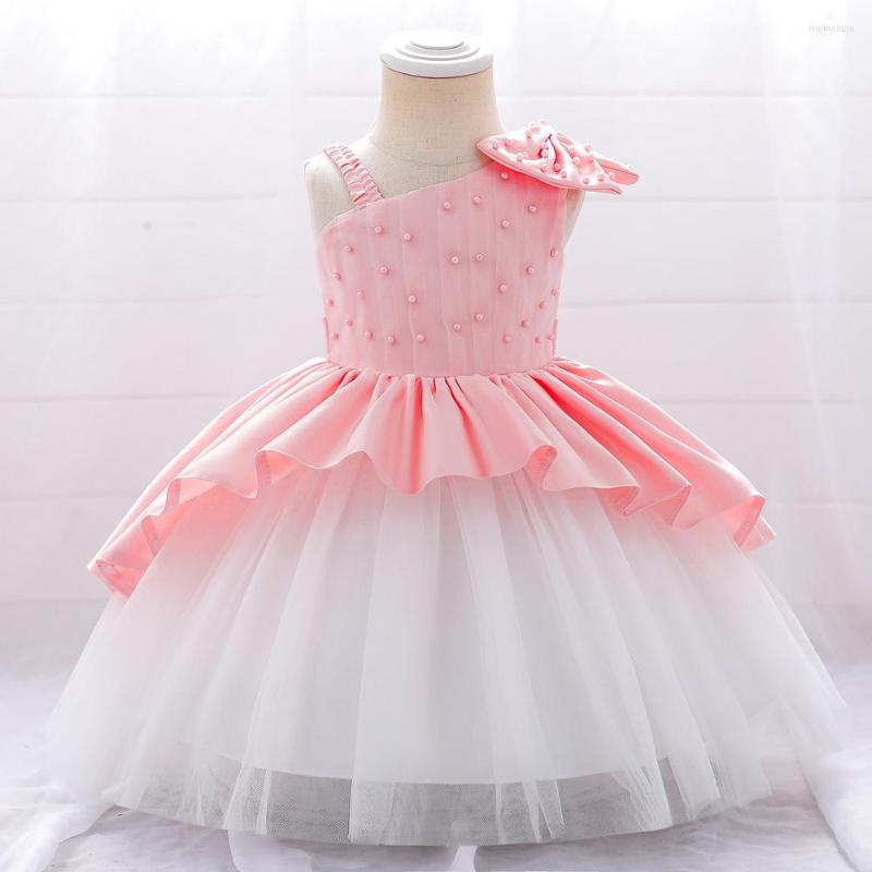 

Girl Dresses 2022 Infant Baby Baptism Dress For Girls Kids Wedding Party Bow Beaded Tulle Christening Gown Birthday Children Clothes, White