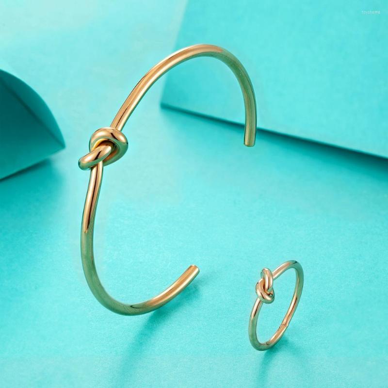 

Necklace Earrings Set Trendy Knot Shape Jewelry Stainless Steel Gold Color Knuckle Ring Cuff Open Bangle Bracelets For Women Men Wedding, Picture shown