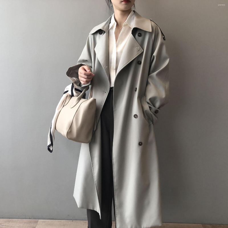 

Women's Trench Coats 2022 Coat For Women Long Korean Fashion Lapel Collar Double Breasted Windbreaker Sleeve Jacket Casaco Feminino, Gray