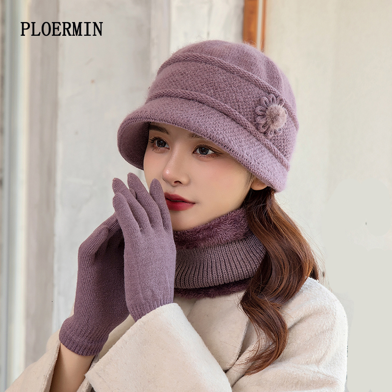 Beanie/Skull Caps Casual Winter Knitted Hat Windproof Keep Warm Scarf Gloves Set For Women Elegant Flowers Thick Rabbit Fur Bucket 221208