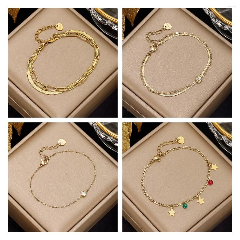 

Link Bracelets 316 Stainless Steel Chain Golden Bracelet For Women Cubic Zirconia Double Layered Jewelry Statement Fashion Accessories Gift