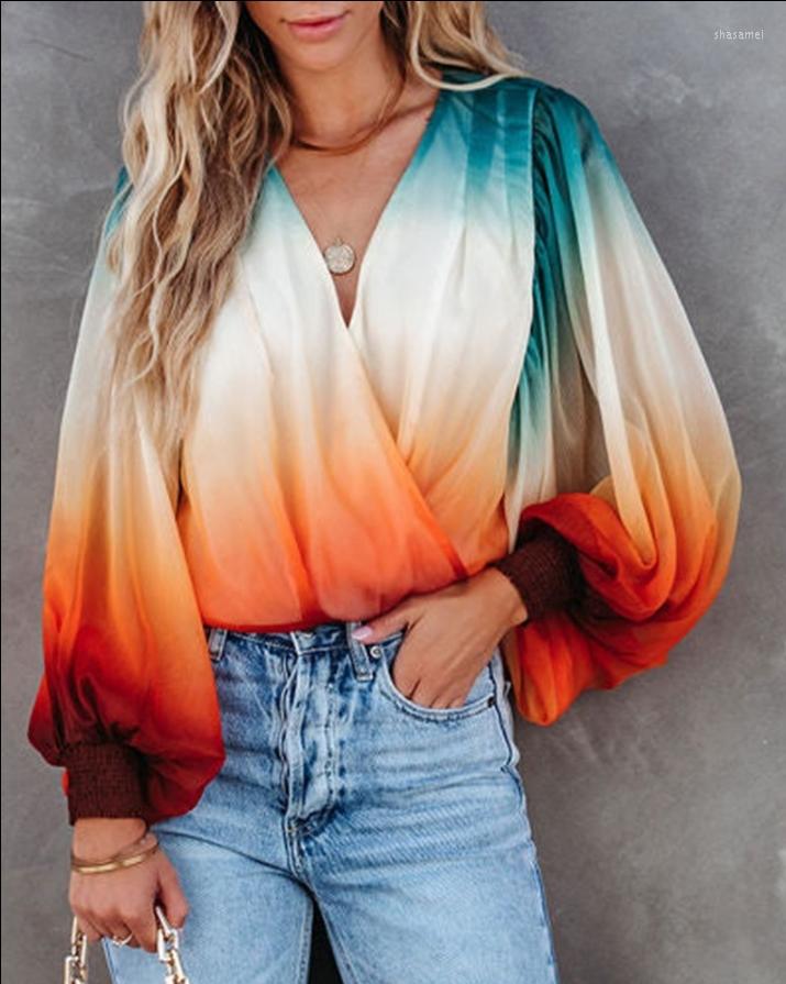 

Women' Blouses Tie Dye Lantern Sleeve Ruched Top Casual V-Neck Shirt Fall Outfits Women T-shirts Fashion Woman 2022