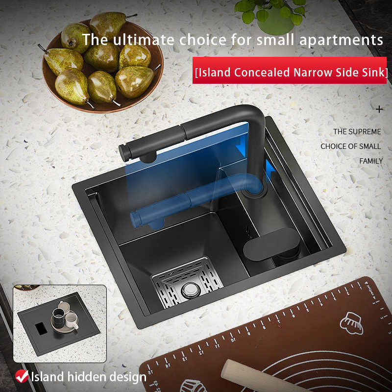 

Kitchen Sink Single Bowl Hidden Black Kitchen Undermount Stainless Steel Square Small Size Balcony