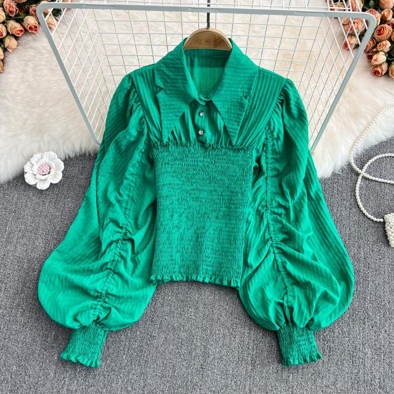 

Women's Blouses Ruched Blouse Women 2022 Spring Lantern Sleeve Pullover Shirt Female Slim Waist Tops Draped For, Black blouse