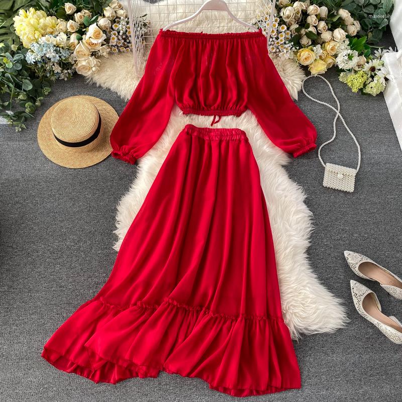 

Work Dresses Holiday Beach Dress Women Long Sleeve Crop Tops A-Line Skirt Two Pieces Set High Waist Elegant Ladies Suit 2, Red