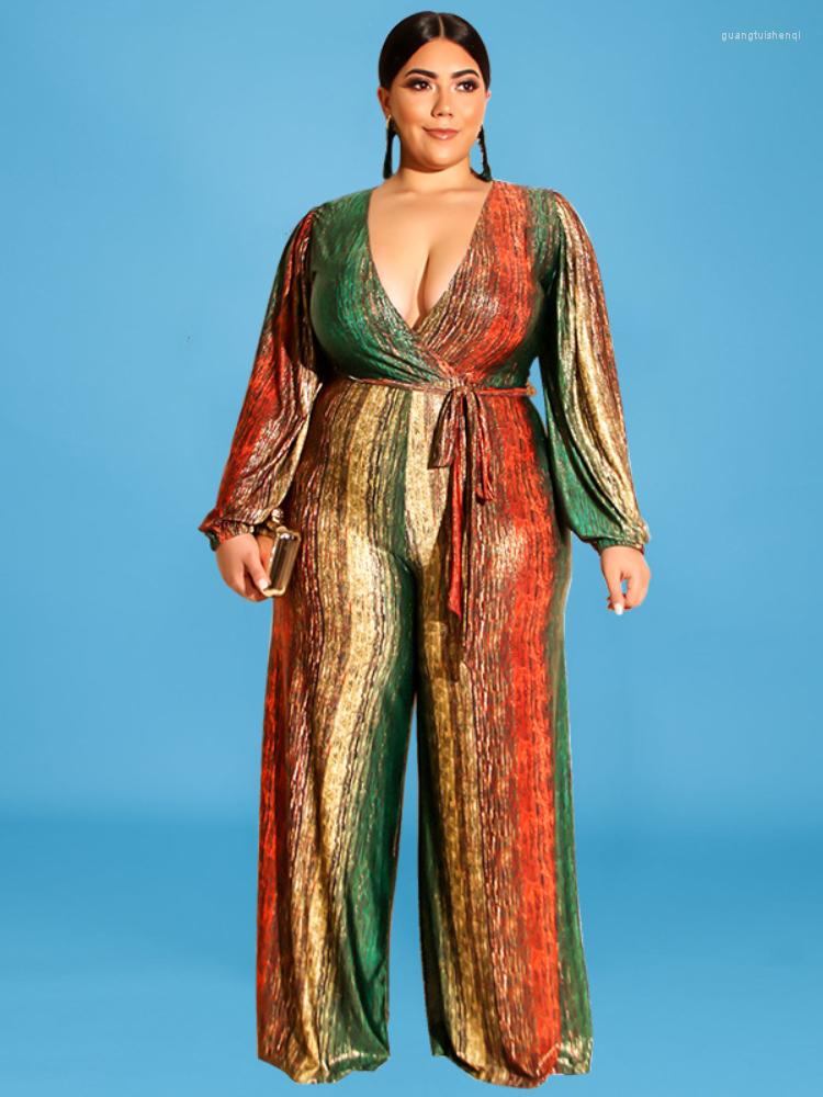 

Pants Elegant Lace Up Long Sleeve Plus Size Jumpsuit Sexy Luxury Printing Casual Party Club Wide Leg Ropa Mujer, Red