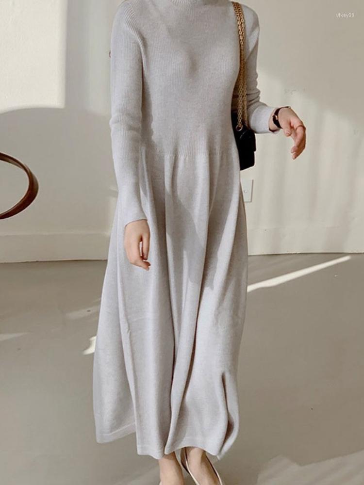 

Casual Dresses Korobov Autumn Winter Vintage Dress Temperament High Neck Solid Color Long Sleeve Knitting Female Vestidos De Mujer, Black