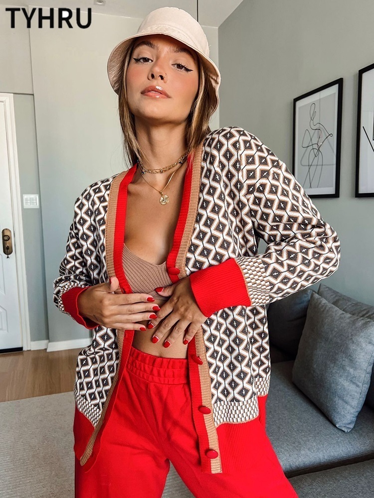 

Women's Knits Tees TYHRU Knitting Sweater Color Matching Diamond Lattice Single Breasted Buttons Loose Casual Knitted Cardigan Sweaters 221207, White