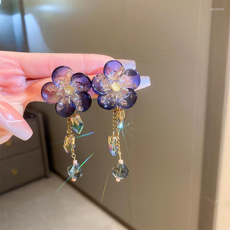 

Dangle Earrings FYUAN Korean Style Acrylic Flower Drop Long Tasse Blue Crystal Women Girls Jewelry Gifts