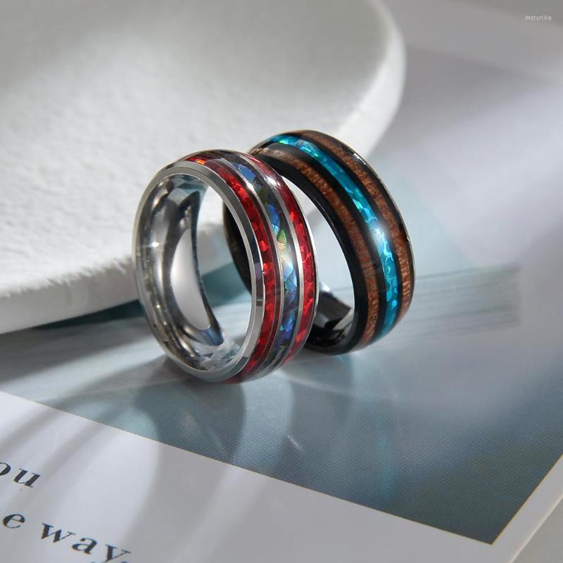 

Cluster Rings Black 8mm Stainless Steel Fill Red Fire Imitation Opal Rainbow Abalone Shell Inlay Ring Gifts For Men Wedding Bands Jewelry
