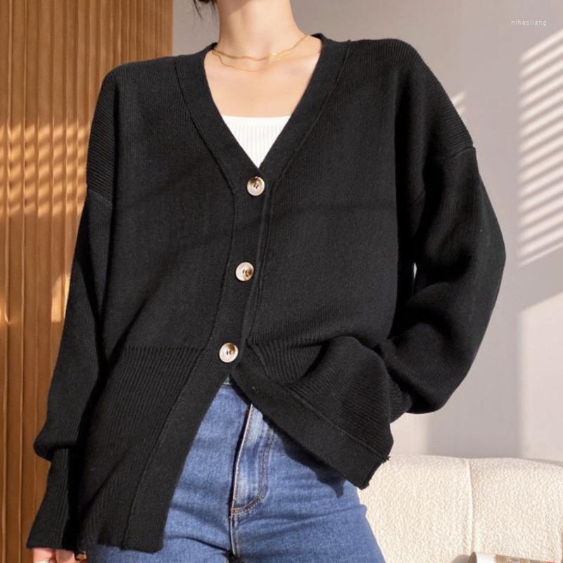 

Women's Knits 2022 Autumn Winter Solid Color V-neck Sweater Long-sleeved Knitted Lady's Top Casual Single-breasted Coat U039, Black